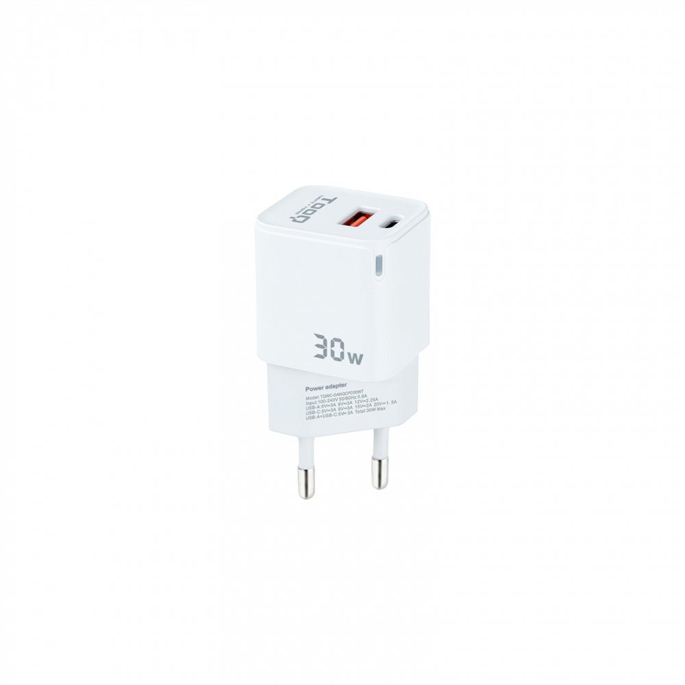 tooq cargador de pared gan usb-c/pd + usb-a/qc 30w, blanco