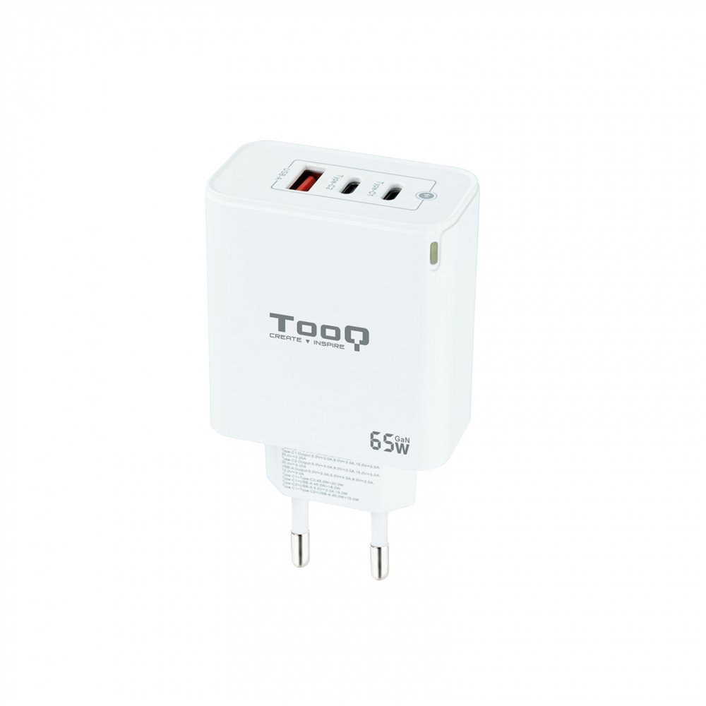 tooq cargador de pared gan 2usb-c/pd + usb-a/qc 65w, blanco