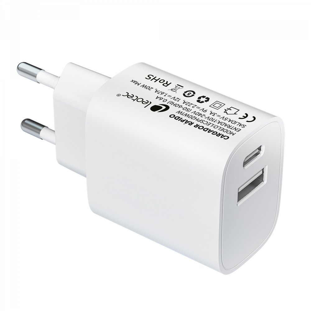leotec cargador 20w 1xusb-c pd + 1x usb-a blanco