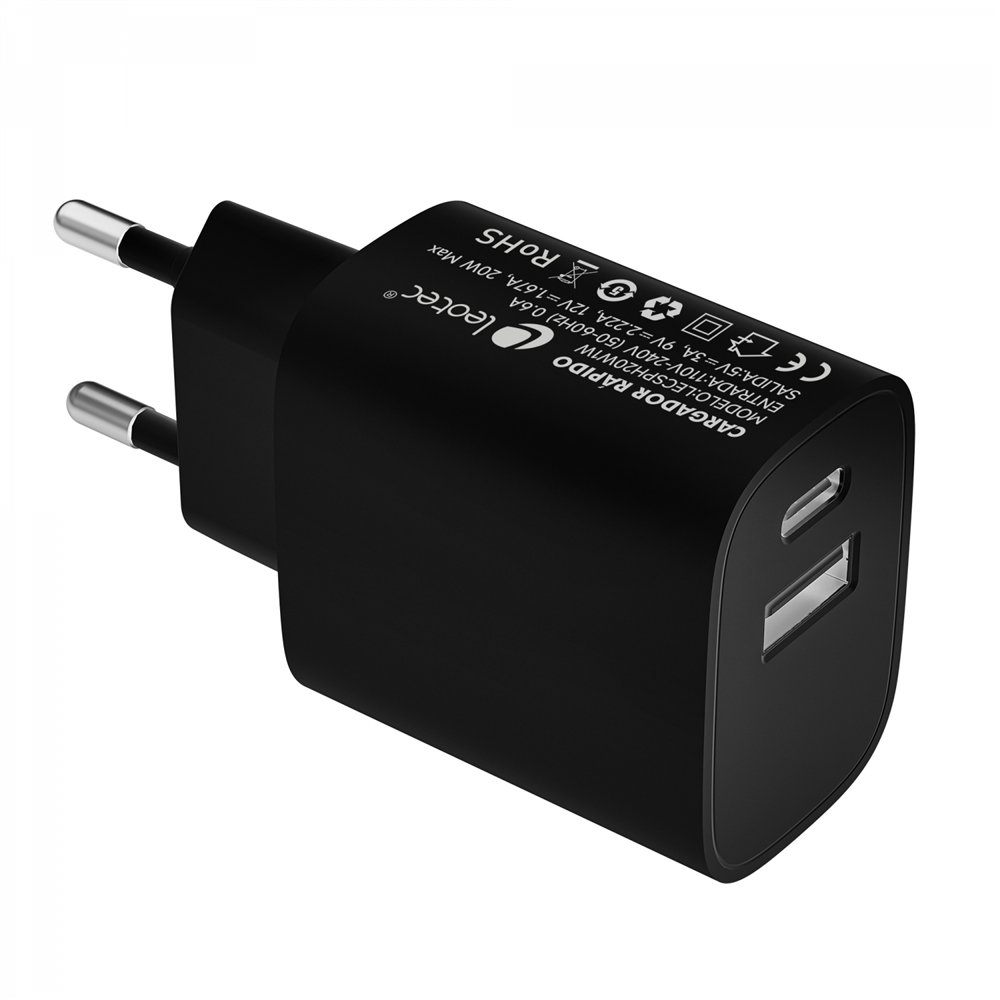 leotec cargador 20w 1xusb-c pd + 1x usb-a negro