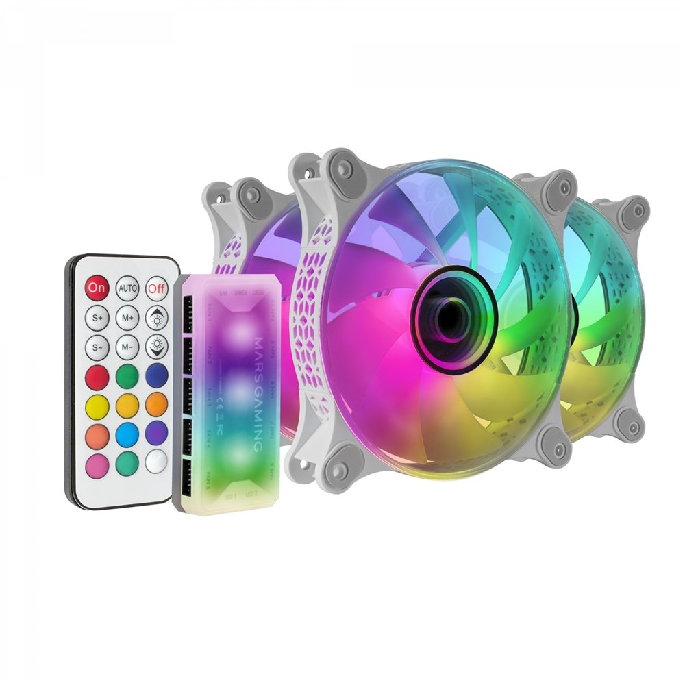 mars gaming mf-3dkit blanco kit 3 ventiladores argb 360º 12cm espejo infinito 3d sistema anti-vibraciones controlador argb mando