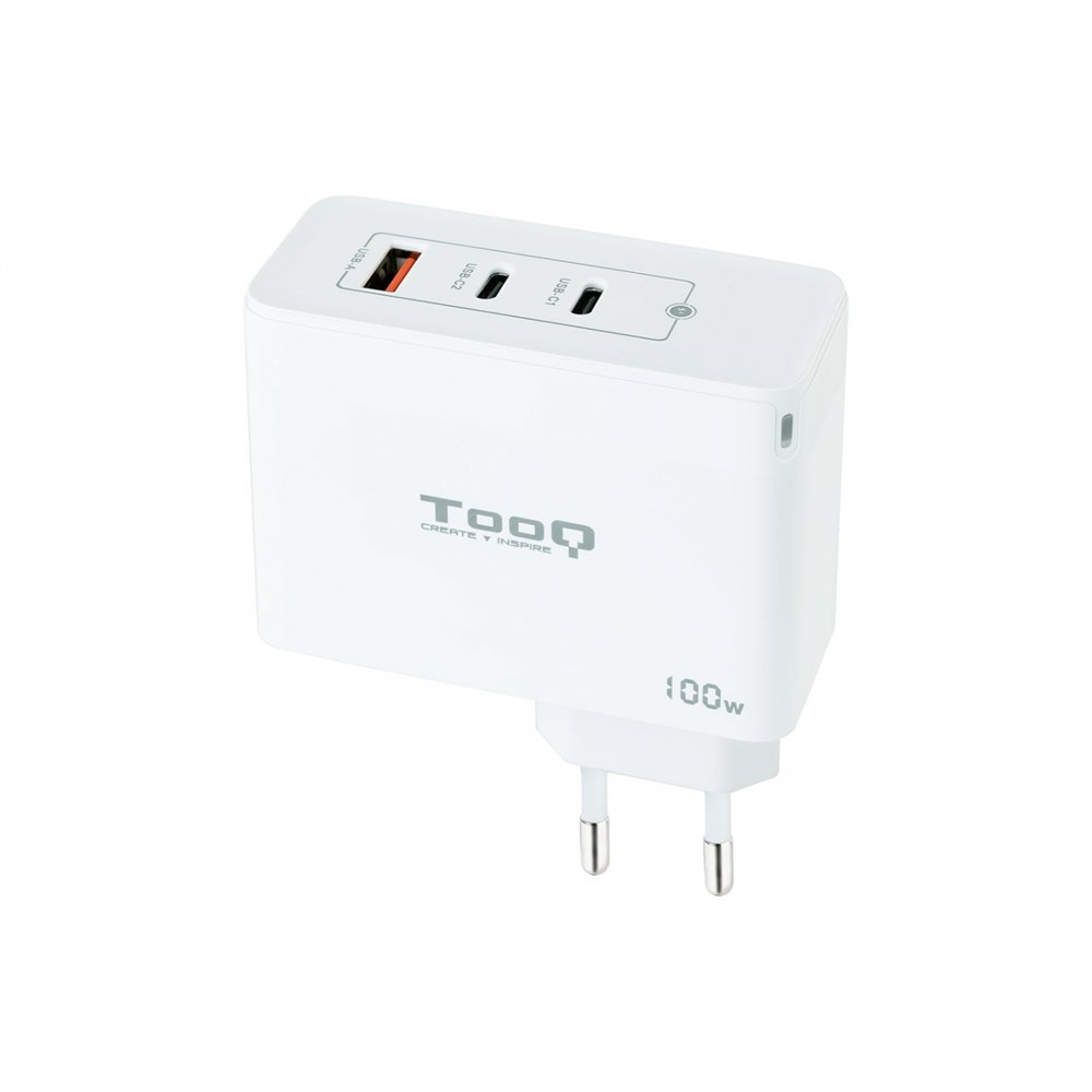 tooq cargador de pared gan 2xusb-c/pd + usb-a/qc 100w, blanco