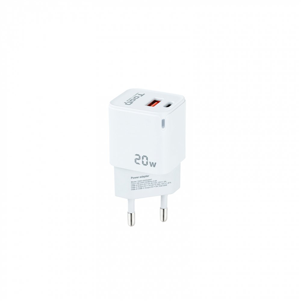tooq cargador de pared usb-c/pd + usb-a/qc 20w, blanco