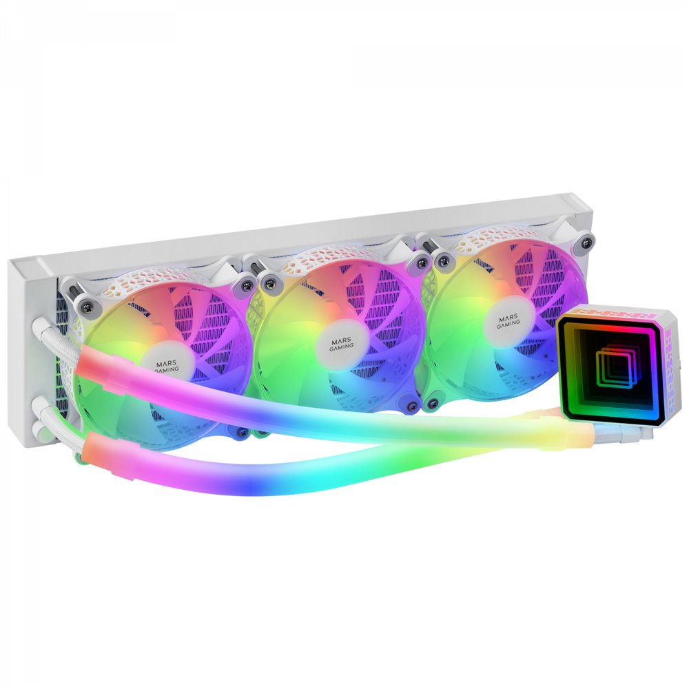 mars gaming ml-ultra360 blanco refrigeración lí­quida cpu tdp 650w espejo infinito 3 ventiladores silenciosos fdb argb tubos arg