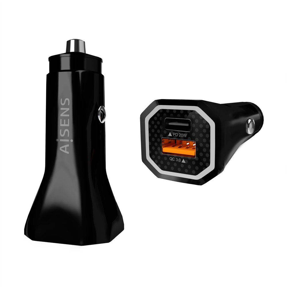 aisens cargador de coche 38w,1xusb-c pd3.0 20w,1xusb-a qc3.0 18w, negro