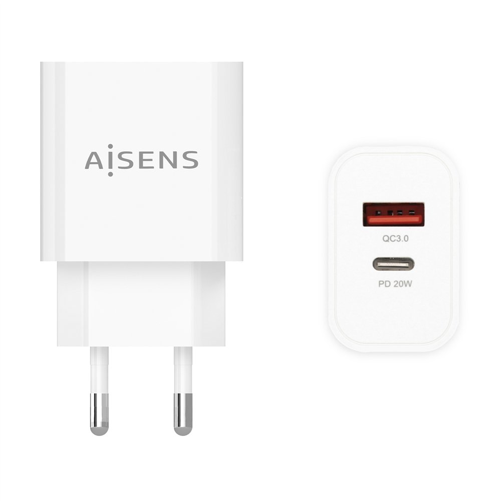 aisens cargador 20w, 1xusb-c pd3.0, 1xusb-a qc3.0, blanco