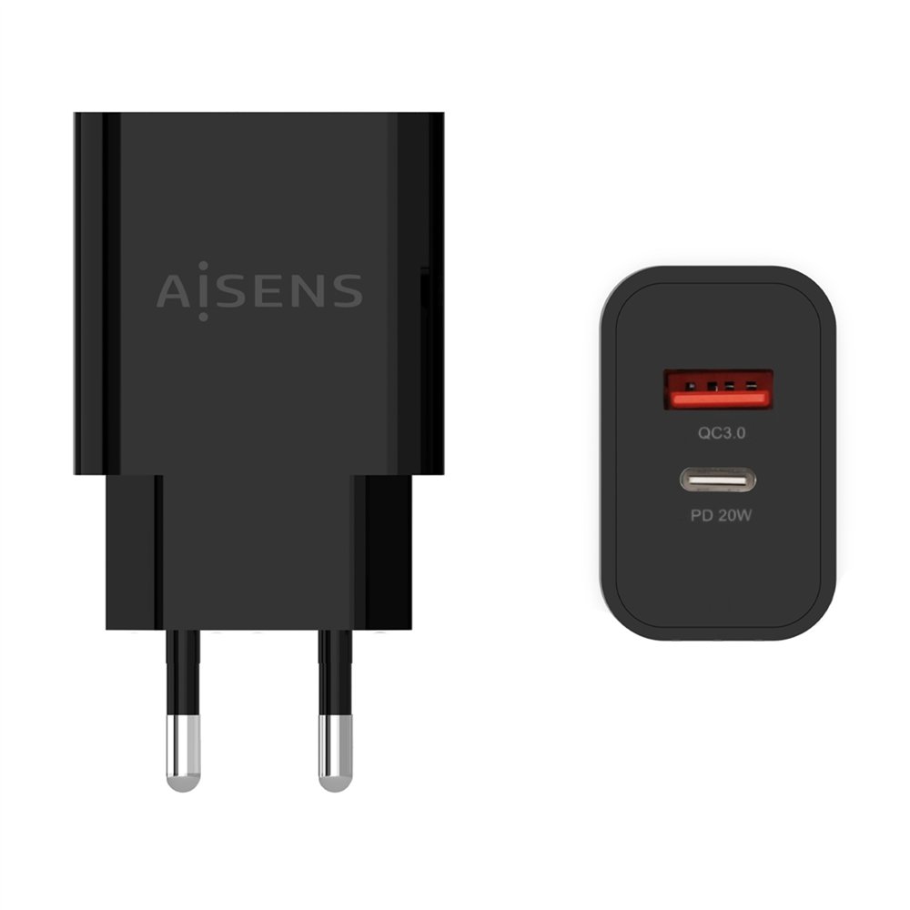 aisens cargador 20w, 1xusb-c pd3.0, 1xusb-a qc3.0, negro
