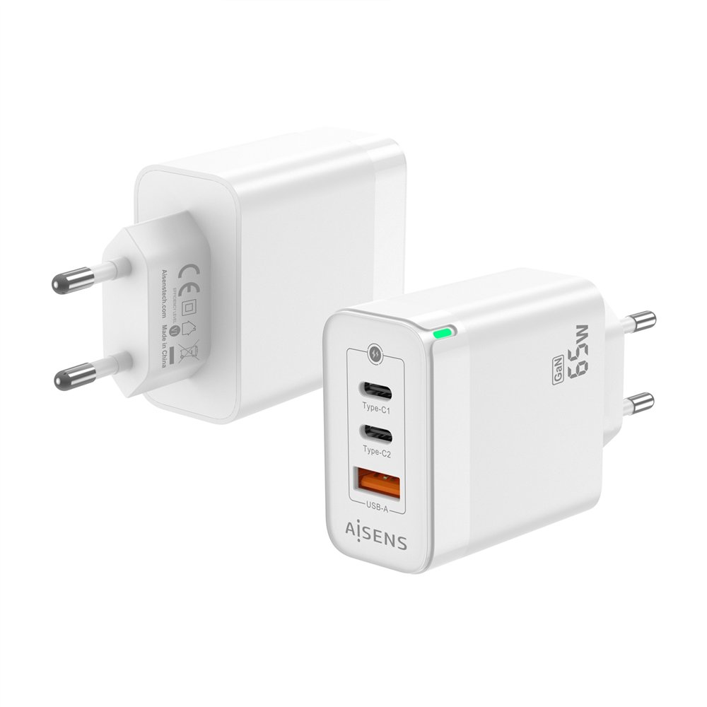aisens cargador gan 65w, 2xusb-c pd3.0 qc4.0, 1xusb-a qc3.0, blanco
