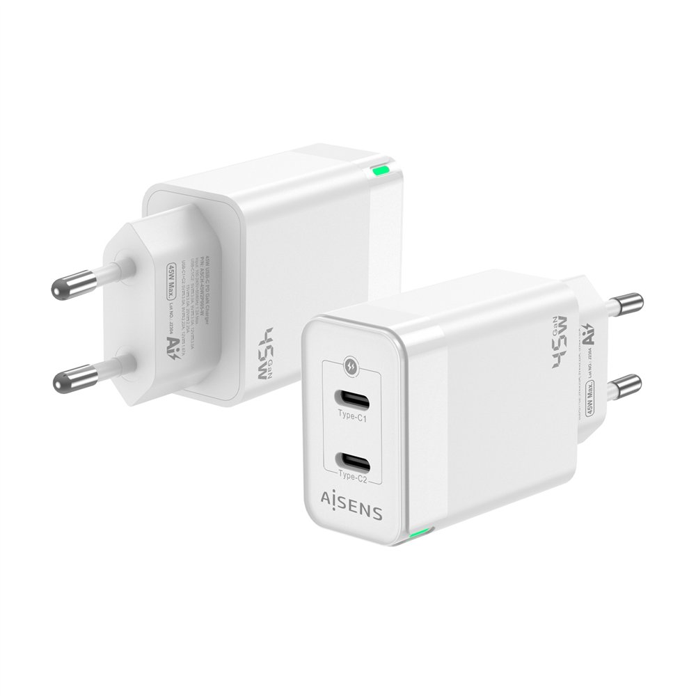 aisens cargador gan 45w, 2xusb-c pd3.0 qc4.0, blanco