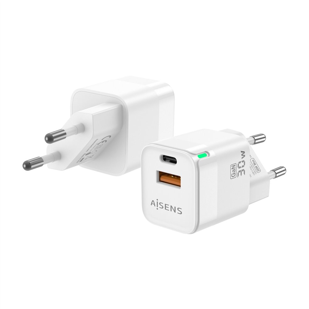 aisens cargador gan 30w, 1xusb-c pd3.0 qc4.0, 1xusb-a qc3.0, blanco