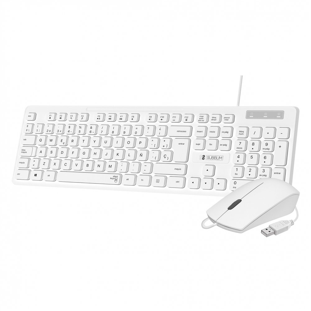subblim teclado ergonómico y ratón combo business slim silencioso con cable usb blanco