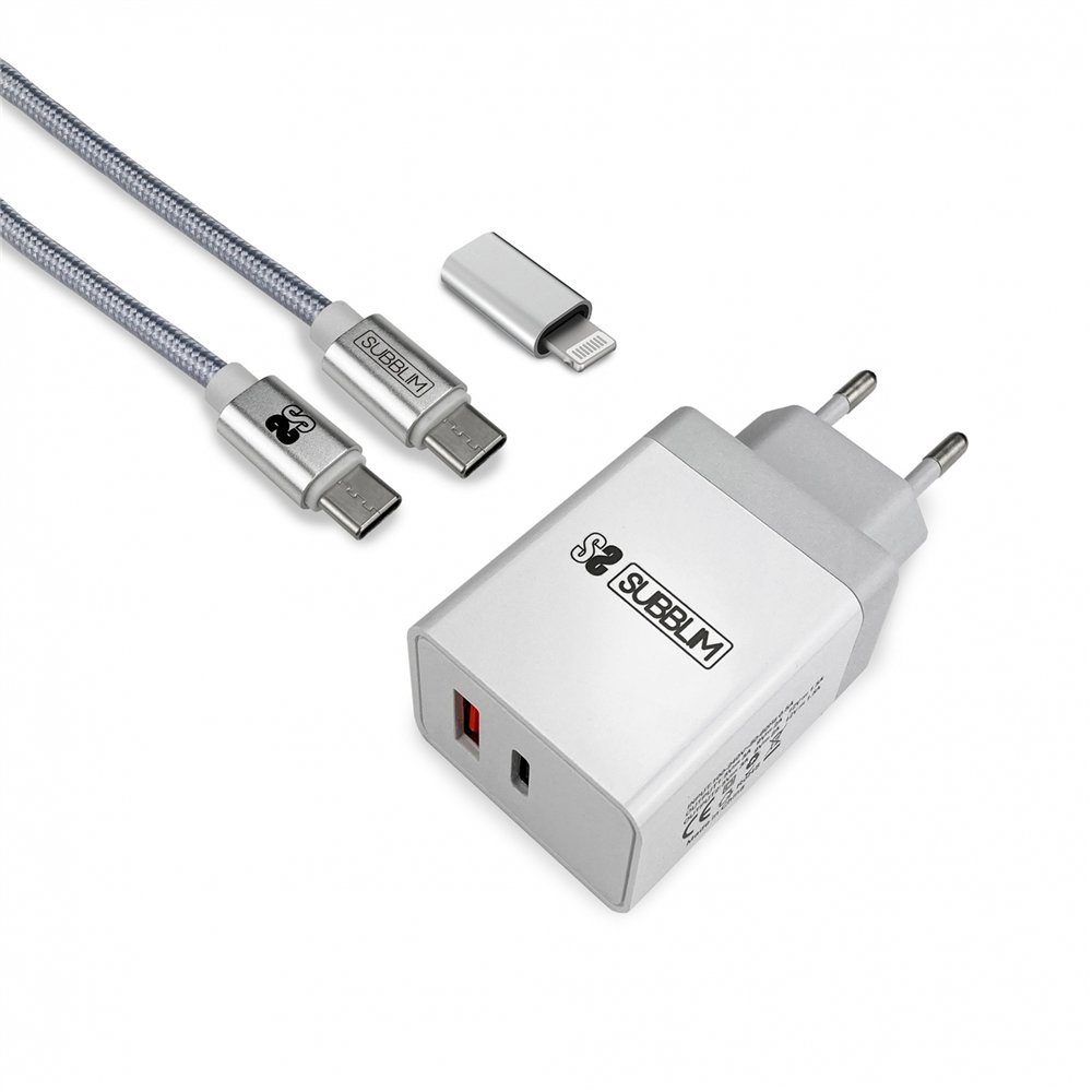 subblim cargador ultra rapido 2xusb de pared pd25w+qc3.0+cable c to c y lightning blanco