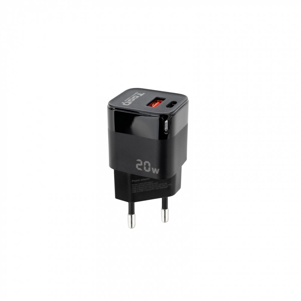 tooq cargador de pared usb-c/pd + usb-a/qc 20w, negro