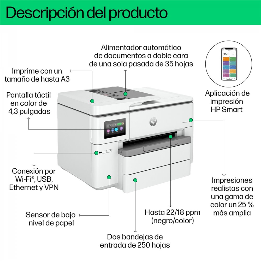 hp officejet pro impresora multifunción hp 9730e de formato ancho, color, impresora para oficina pequeña, impresión, copia, escá