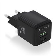 aisens cargador gan 25w, 1xusb-c pd3.0 qc4.0, 1xusb-a qc3.0, negro