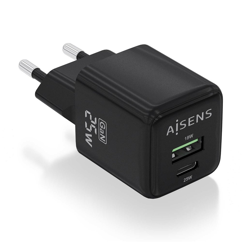 aisens cargador gan 25w, 1xusb-c pd3.0 qc4.0, 1xusb-a qc3.0, negro