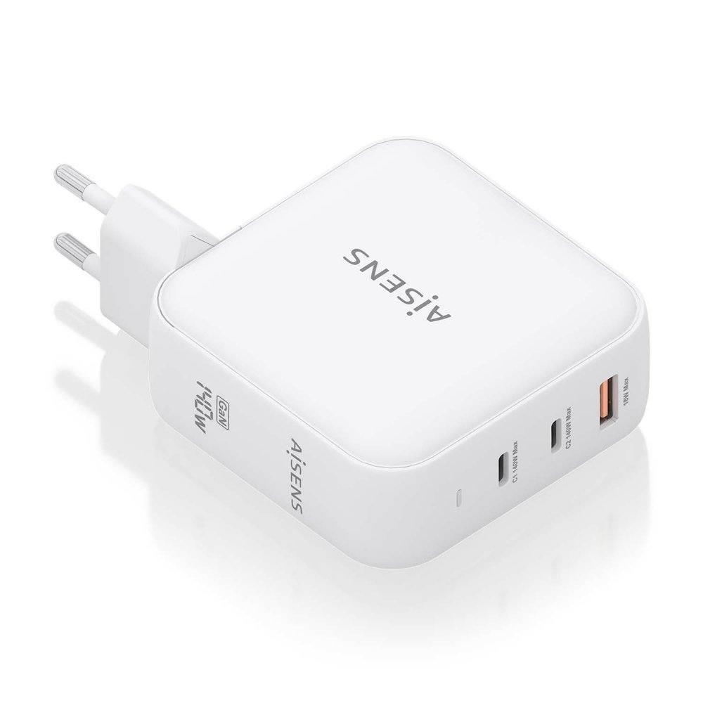 aisens cargador gan 140w, 2xusb-c pd3.1 qc4.0, 1xusb-a qc3.0, blanco