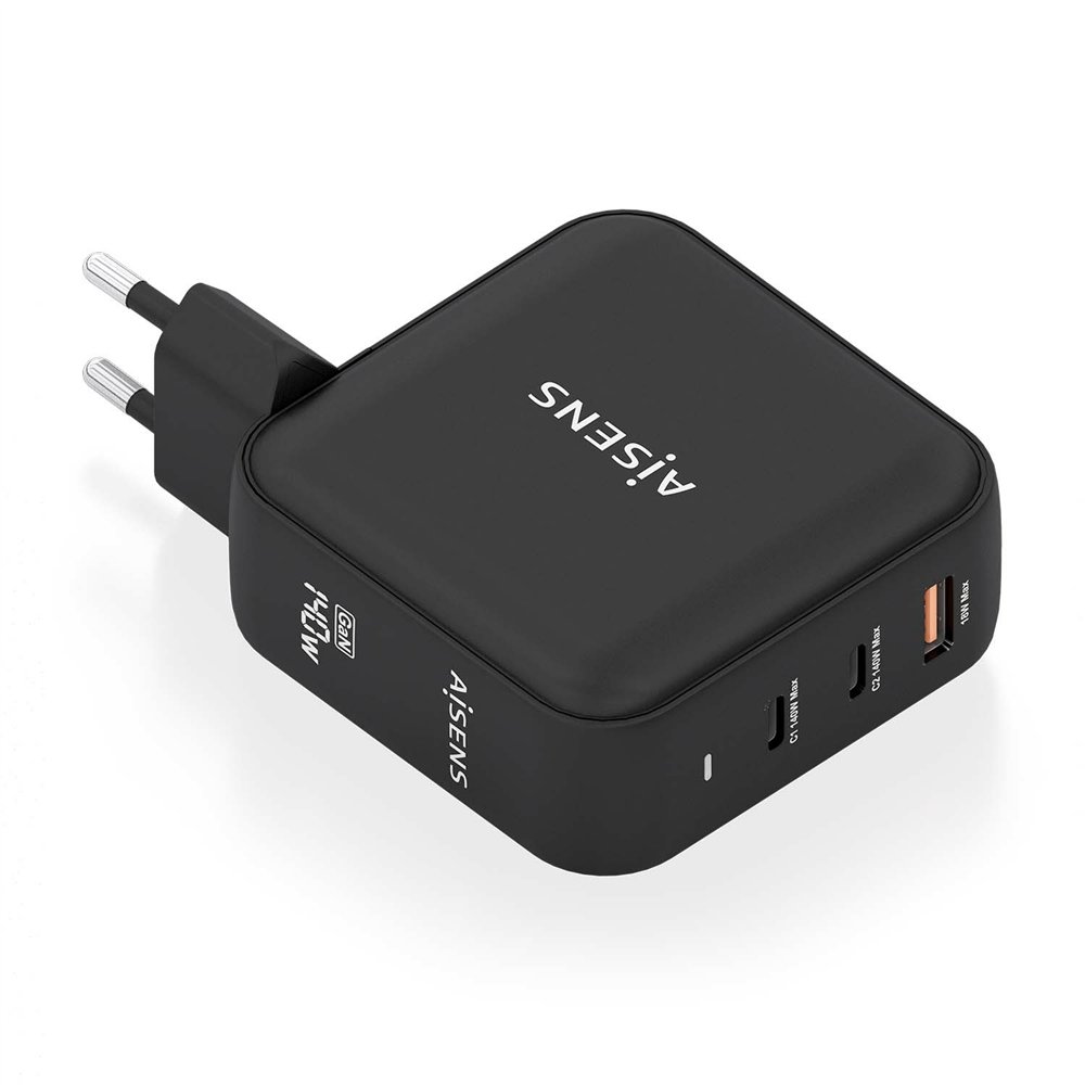 aisens cargador gan 140w, 2xusb-c pd3.1 qc4.0, 1xusb-a qc3.0, negro