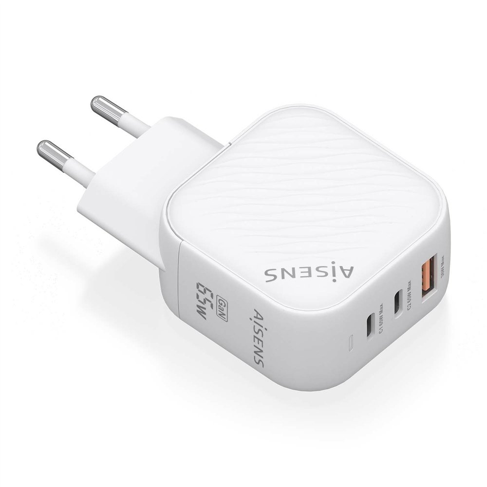 aisens cargador gan 65w, 2xusb-c pd3.0 qc4.0, 1xusb-a qc3.0, blanco