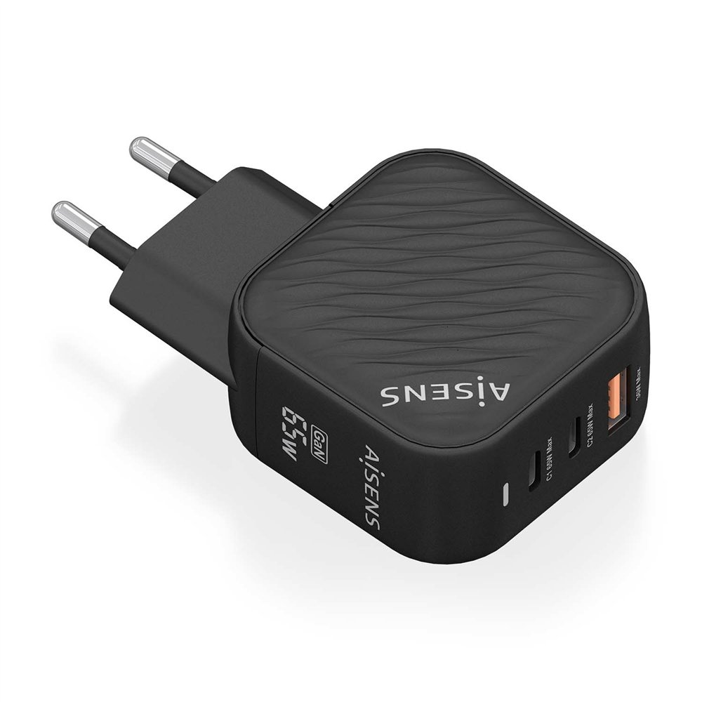aisens cargador gan 65w, 2xusb-c pd3.0 qc4.0, 1xusb-a qc3.0, negro