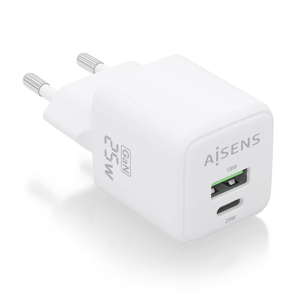 aisens cargador gan 25w, 1xusb-c pd3.0 qc4.0, 1xusb-a qc3.0, blanco