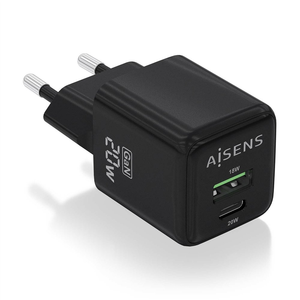 aisens cargador gan 20w, 1xusb-c pd3.0 qc4.0, 1xusb-a qc3.0, negro