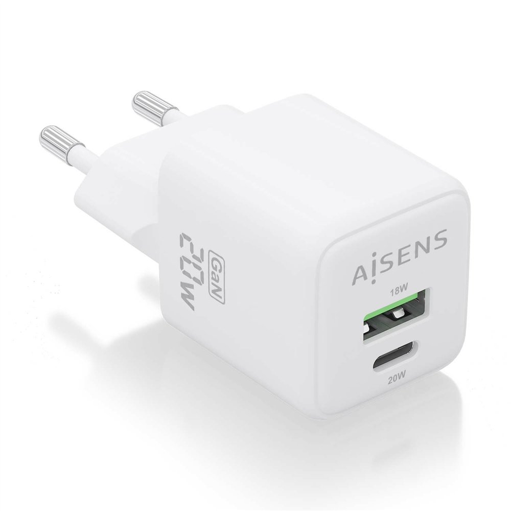 aisens cargador gan 20w, 1xusb-c pd3.0 qc4.0, 1xusb-a qc3.0, blanco