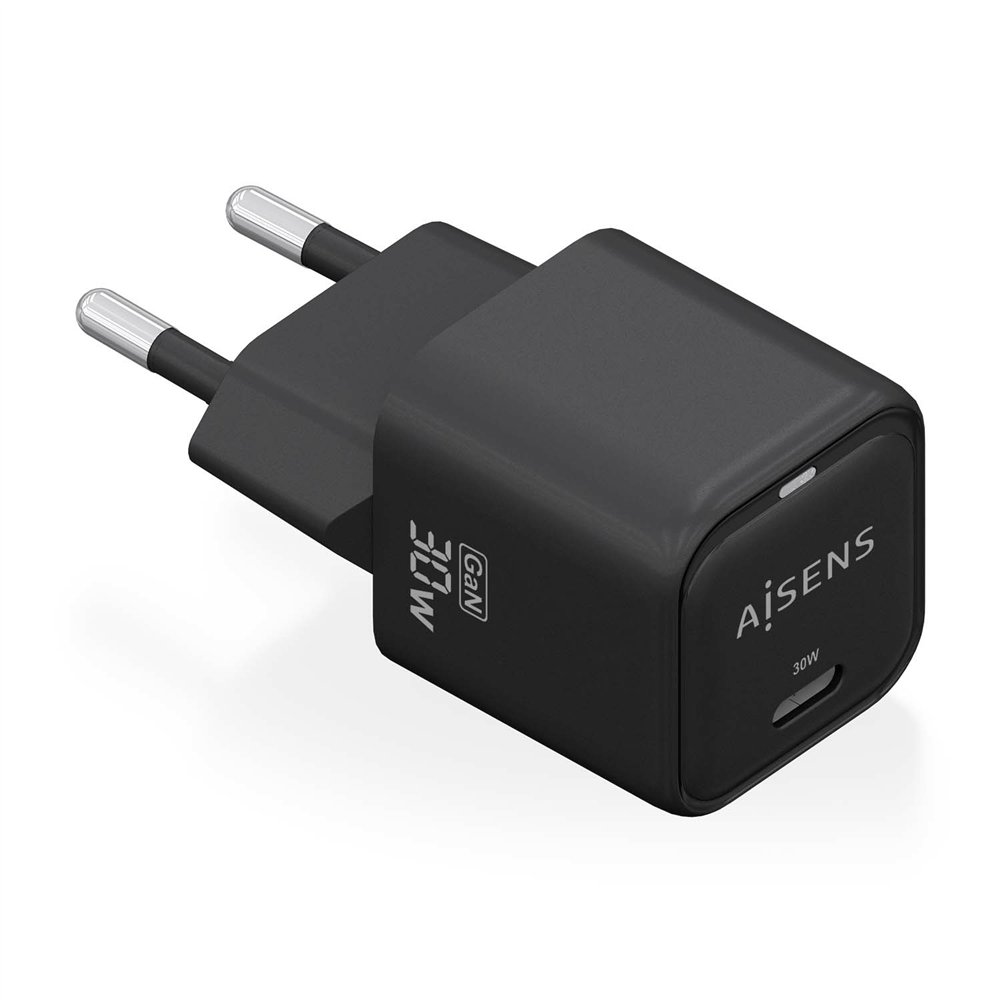 aisens cargador gan 30w, 1xusb-c pd3.0 qd4.0, negro