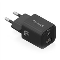 aisens cargador gan 30w, 1xusb-c pd3.0 qc4.0, 1xusb-a qc3.0, negro