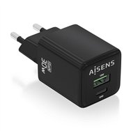 aisens cargador gan 30w, 1xusb-c pd3.0 qc4.0, 1xusb-a qc3.0, negro