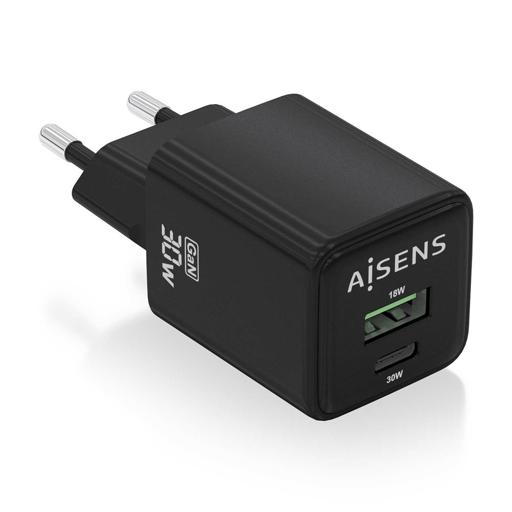 aisens cargador gan 30w, 1xusb-c pd3.0 qc4.0, 1xusb-a qc3.0, negro