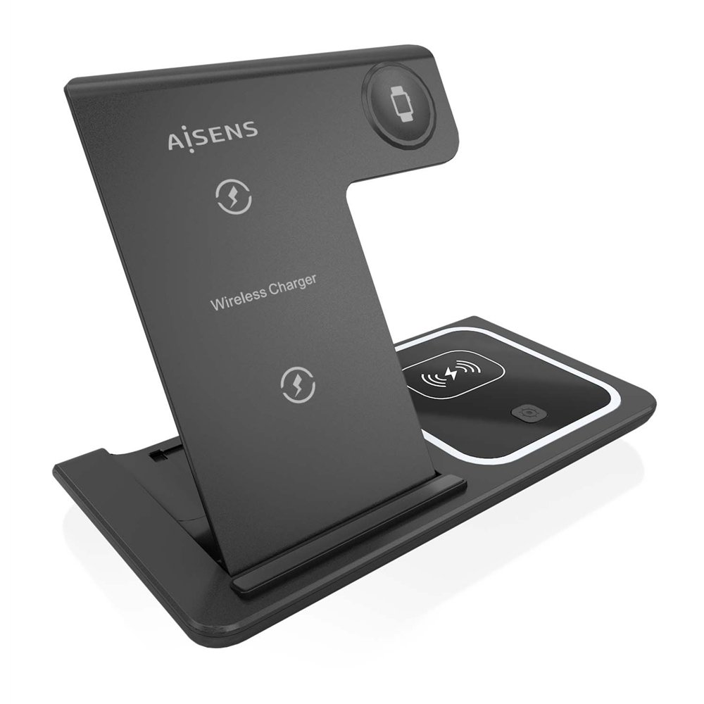 aisens cargador inalambrico usb-c 3 en 1 de 15w para movil, apple watch, ariculares con estuche de carga, negro