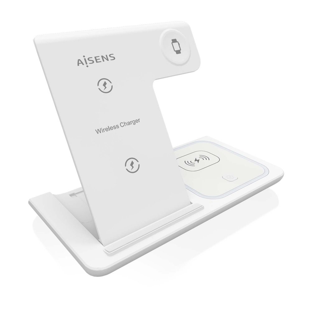 aisens cargador inalambrico usb-c 3 en 1 de 15w para movil, apple watch, ariculares con estuche de carga, blanco