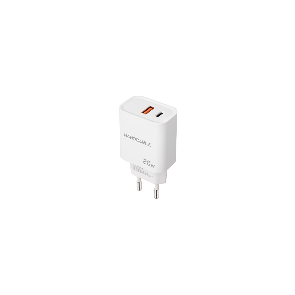 nanocable cargador usb-c/pd + usb-a/qc 20w, blanco