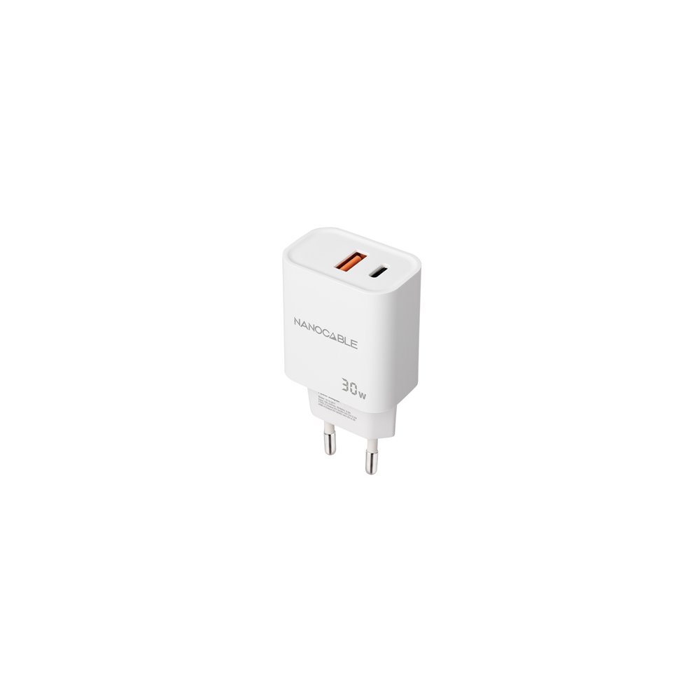 nanocable cargador usb-c/pd + usb-a/qc 30w, blanco