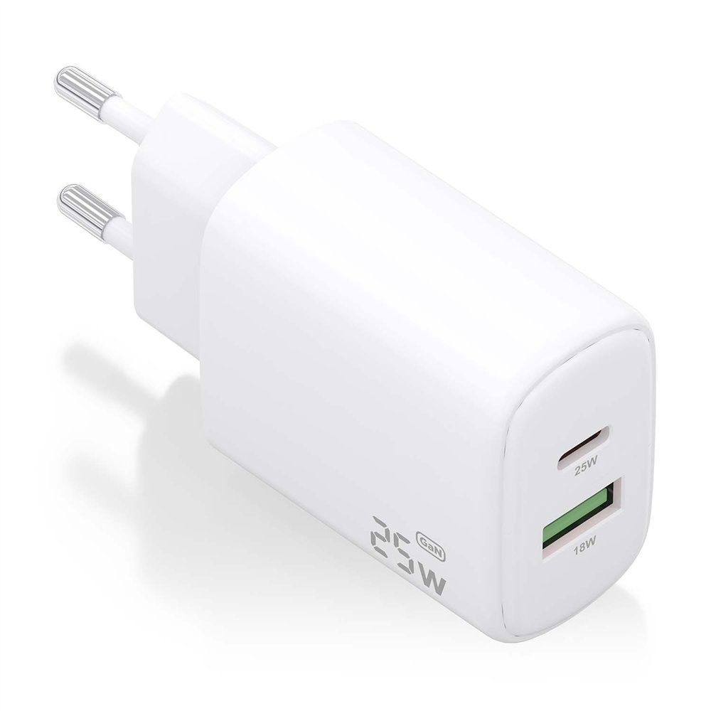aisens cargador gan 25w, 1xusb-c pd3.0, 1xusb-a qc3.0, blanco