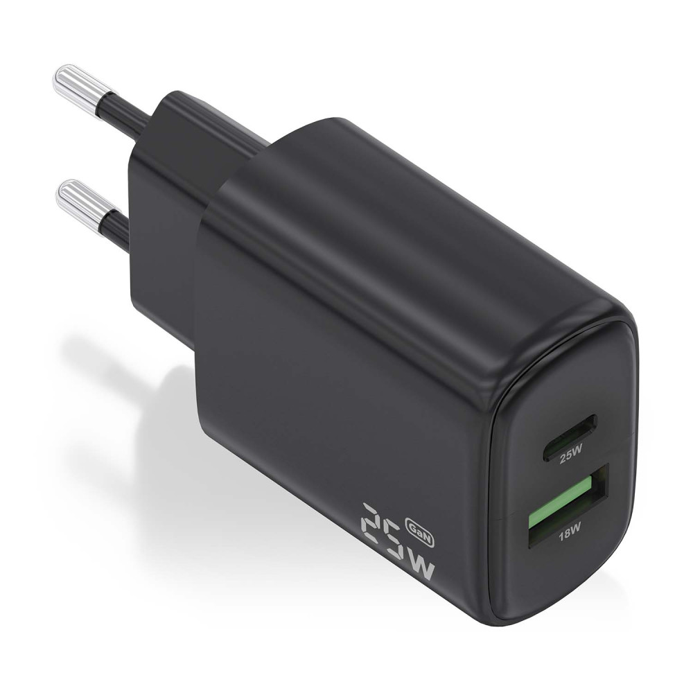 aisens cargador gan 25w, 1xusb-c pd3.0, 1xusb-a qc3.0, negro