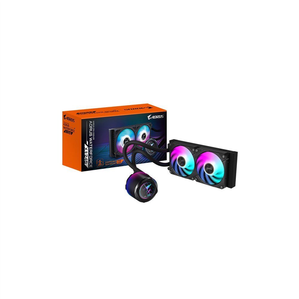 gigabyte aorus waterforce x ii 240 refrigerador de cpu líquido aio - 2x ventiladores argb de 120 mm, pantalla lcd a todo color, 