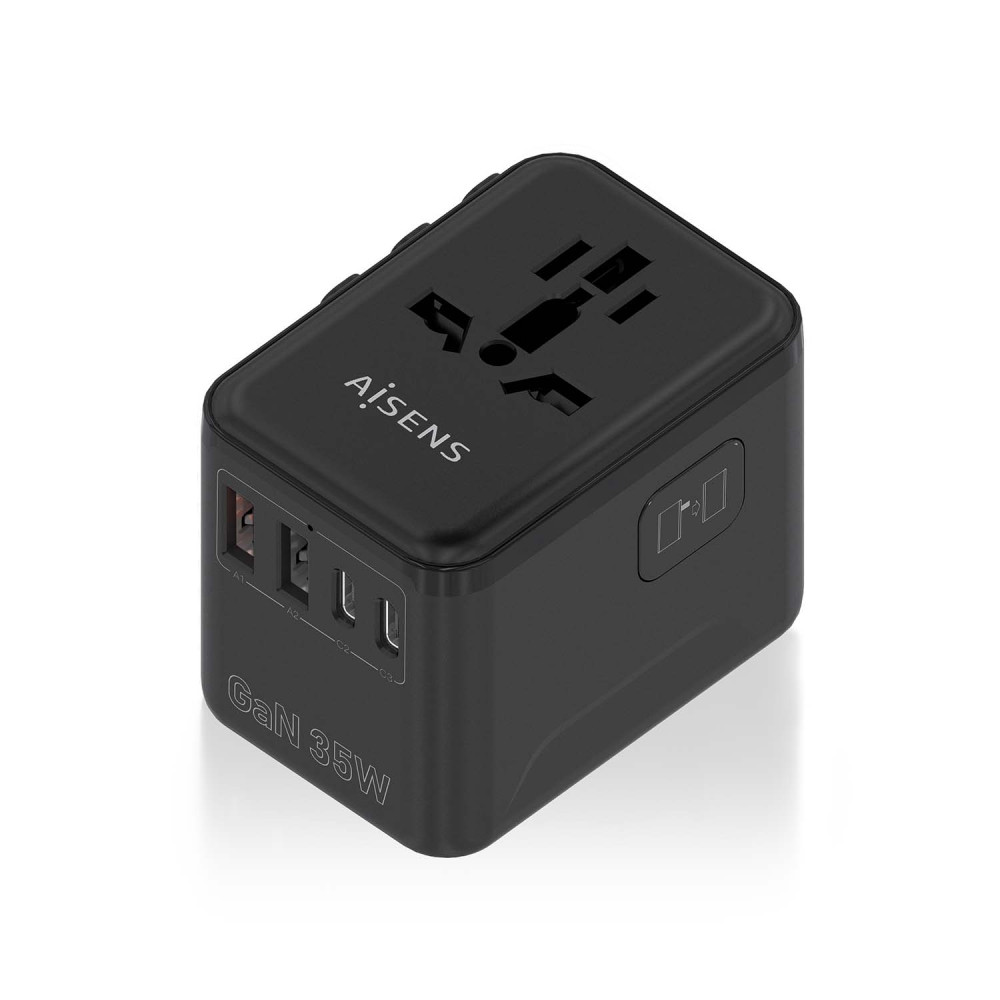 aisens adaptador enchufe universal para viaje eu/usa/uk/au con cargador usb gan, 2xusb-a (a1 qc3.0), 3xusb-c (c1 pd3.0) 35w, neg