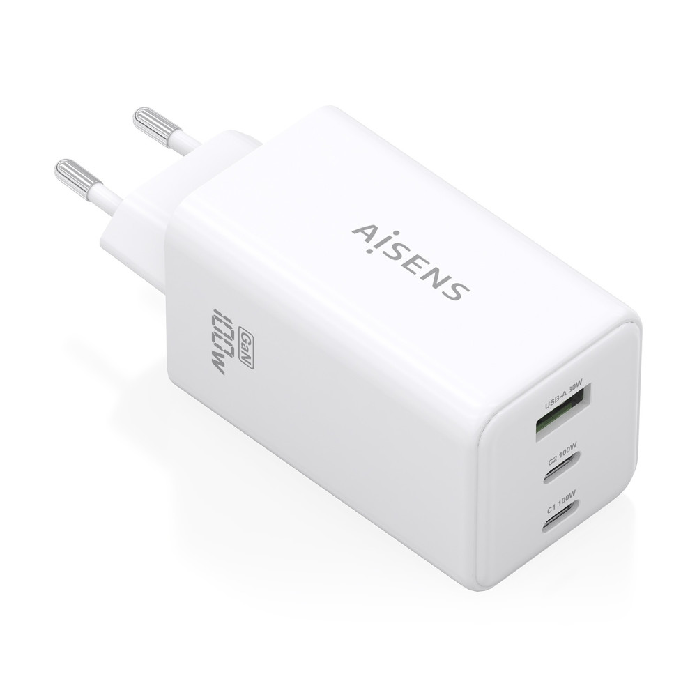 aisens cargador gan 100w, 2x usb-c pd3.0 qc4.0 qc5.0, 1x usb-a qc3.0, blanco