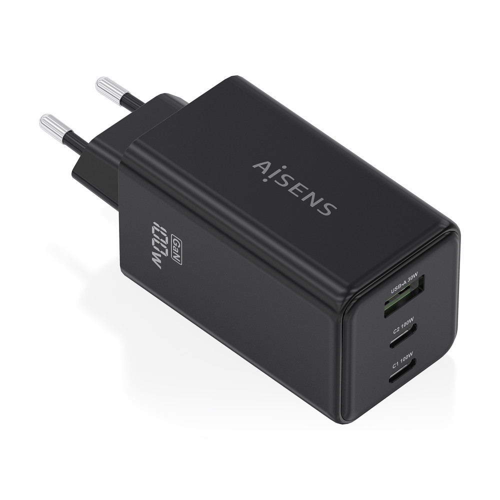 aisens cargador gan 100w, 2x usb-c pd3.0 qc4.0 qc5.0, 1x usb-a qc3.0, negro