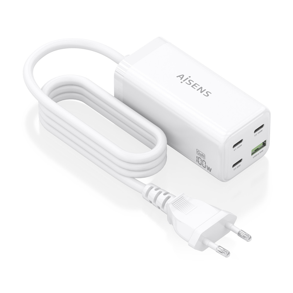 aisens cargador sobremesa gan 100w, 3x usb-c pd3.0 qc4.0 qc5.0, 1x usb-a qc3.0, blanco