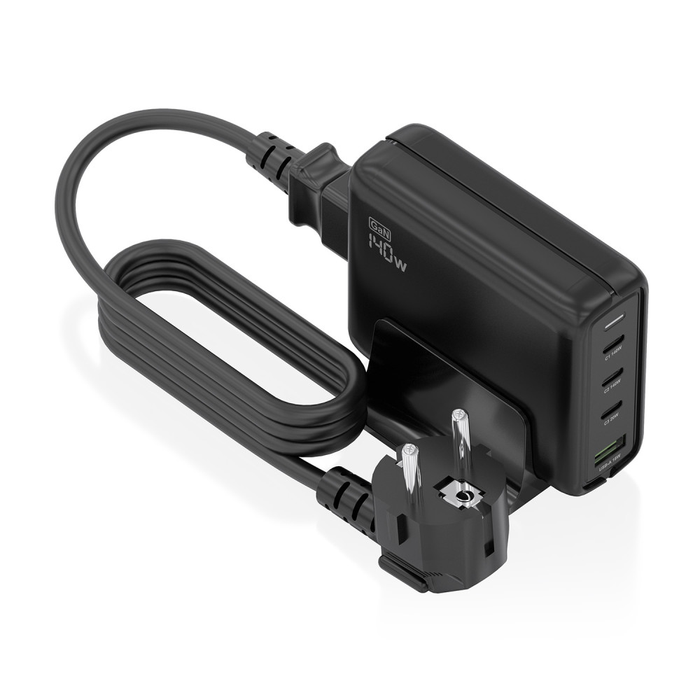 aisens cargador sobremesa gan 140w, 3x usb-c pd3.1 qc4.0 qc5.0, 1x usb-a qc3.0, negro