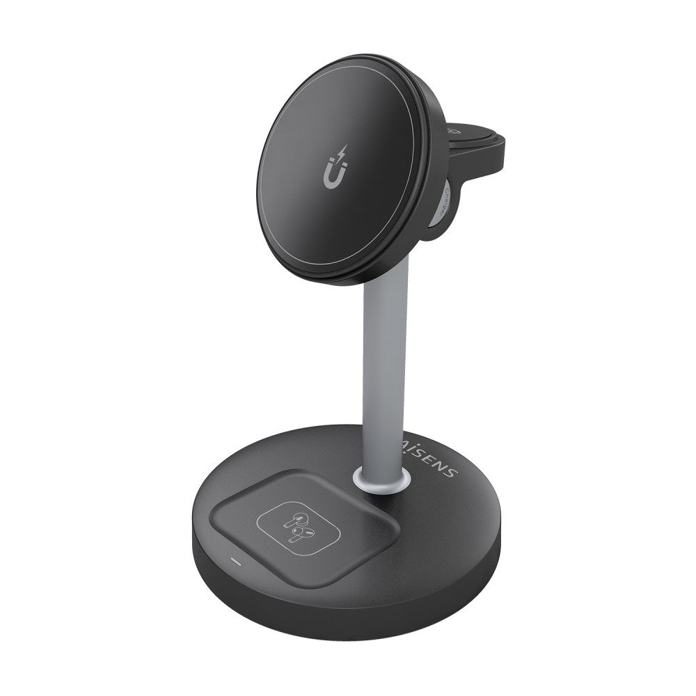 aisens cargador inalambrico usb-c 4 en 1 de 15w para movil, apple watch, auriculares con estuche de carga, negro