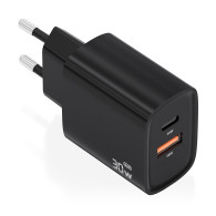 aisens cargador gan 30w, 1xusb-c pd3.0 qc4.0, 1xusb-a qc3.0, negro