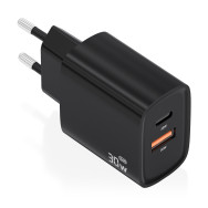 aisens cargador gan 30w, 1xusb-c pd3.0 qc4.0, 1xusb-a qc3.0, negro