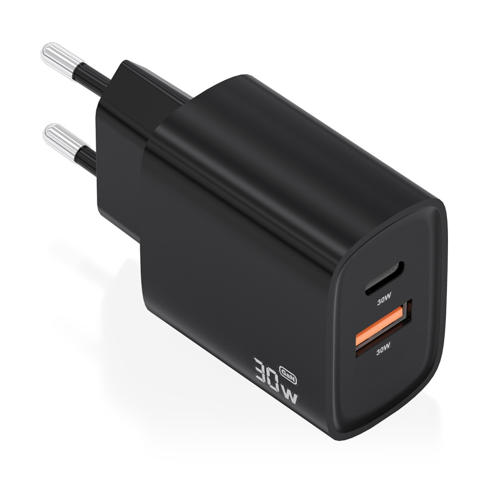 aisens cargador gan 30w, 1xusb-c pd3.0 qc4.0, 1xusb-a qc3.0, negro