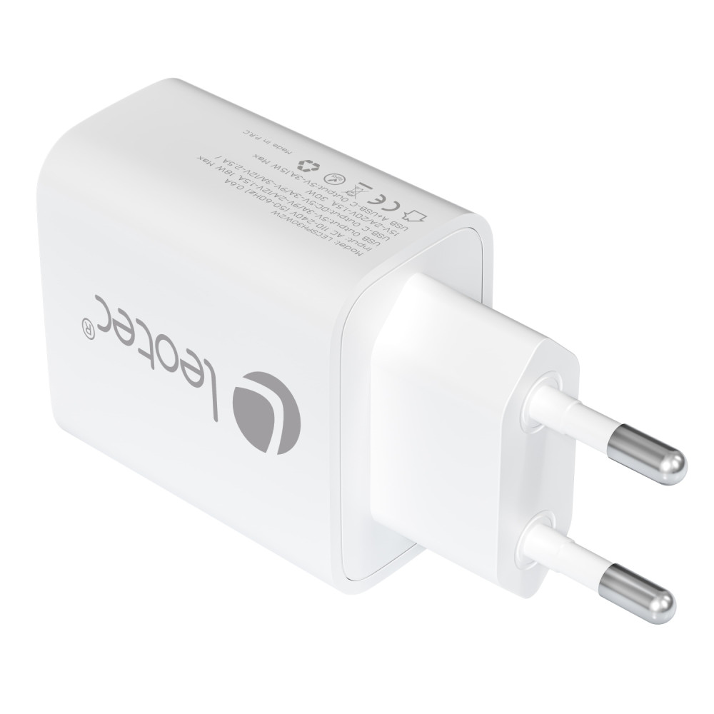 leotec cargador universal 30w gan 1 usb c pd+1 usb a blanco