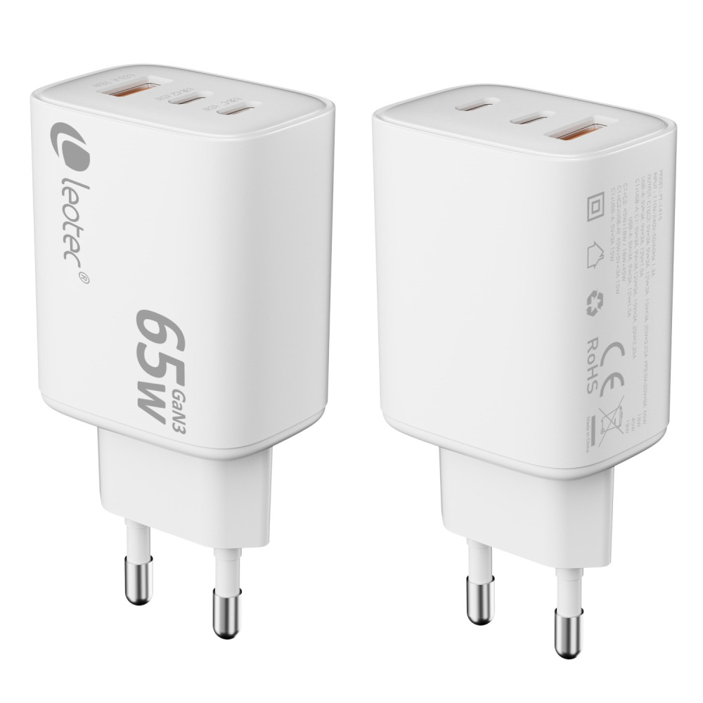 leotec cargador universal 65w gan ultra slim 2 usb c pd+1 usb a blanco