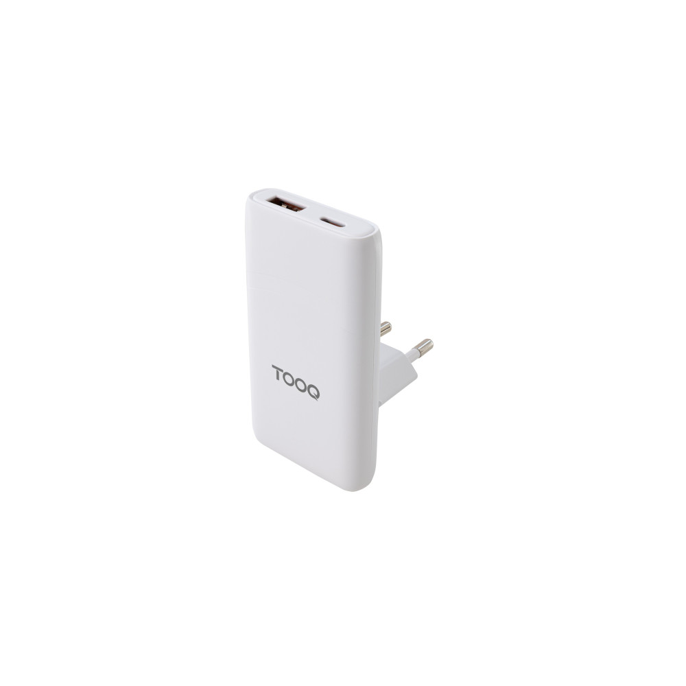 tooq cargador de viaje tipo c y tipo a, gan 65w, usb-c/pd + usb-a/qc, blanco